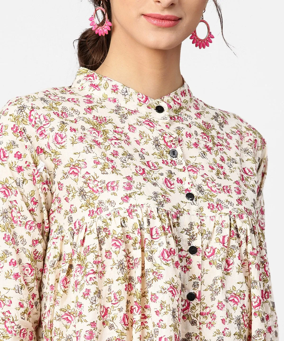 Floral Printed 3/4Th Sleeve Short Cotton Top With Solid Pink Palazzo