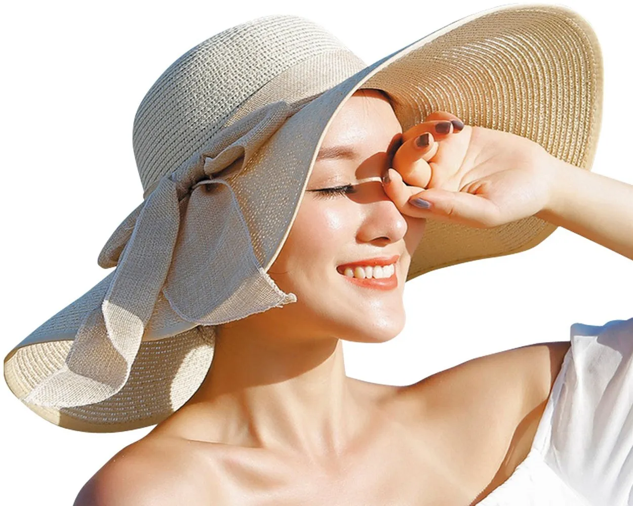 Foldable Straw Hat with Bowknot for Women