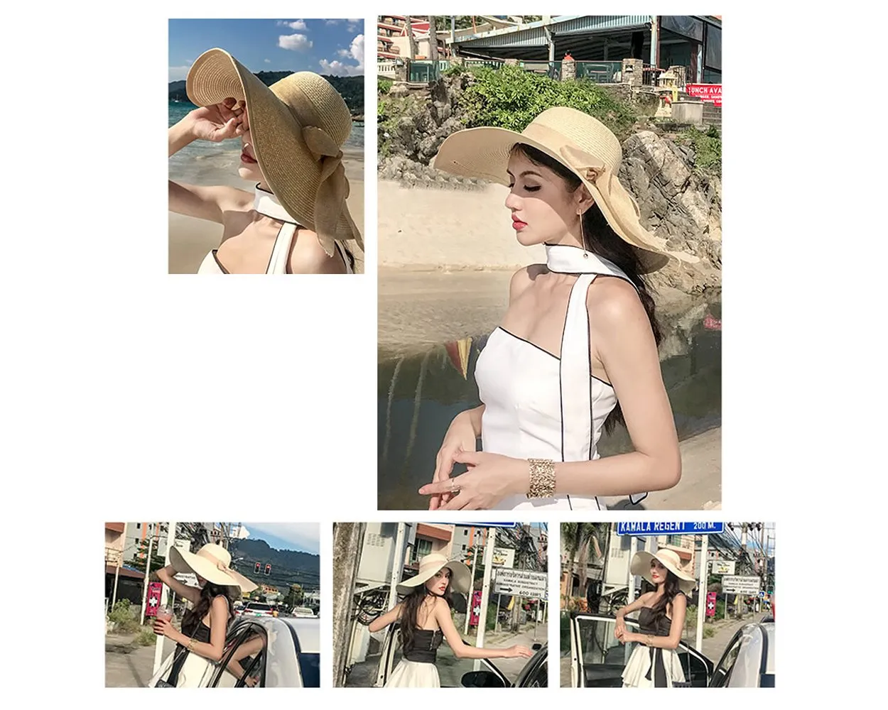 Foldable Straw Hat with Bowknot for Women