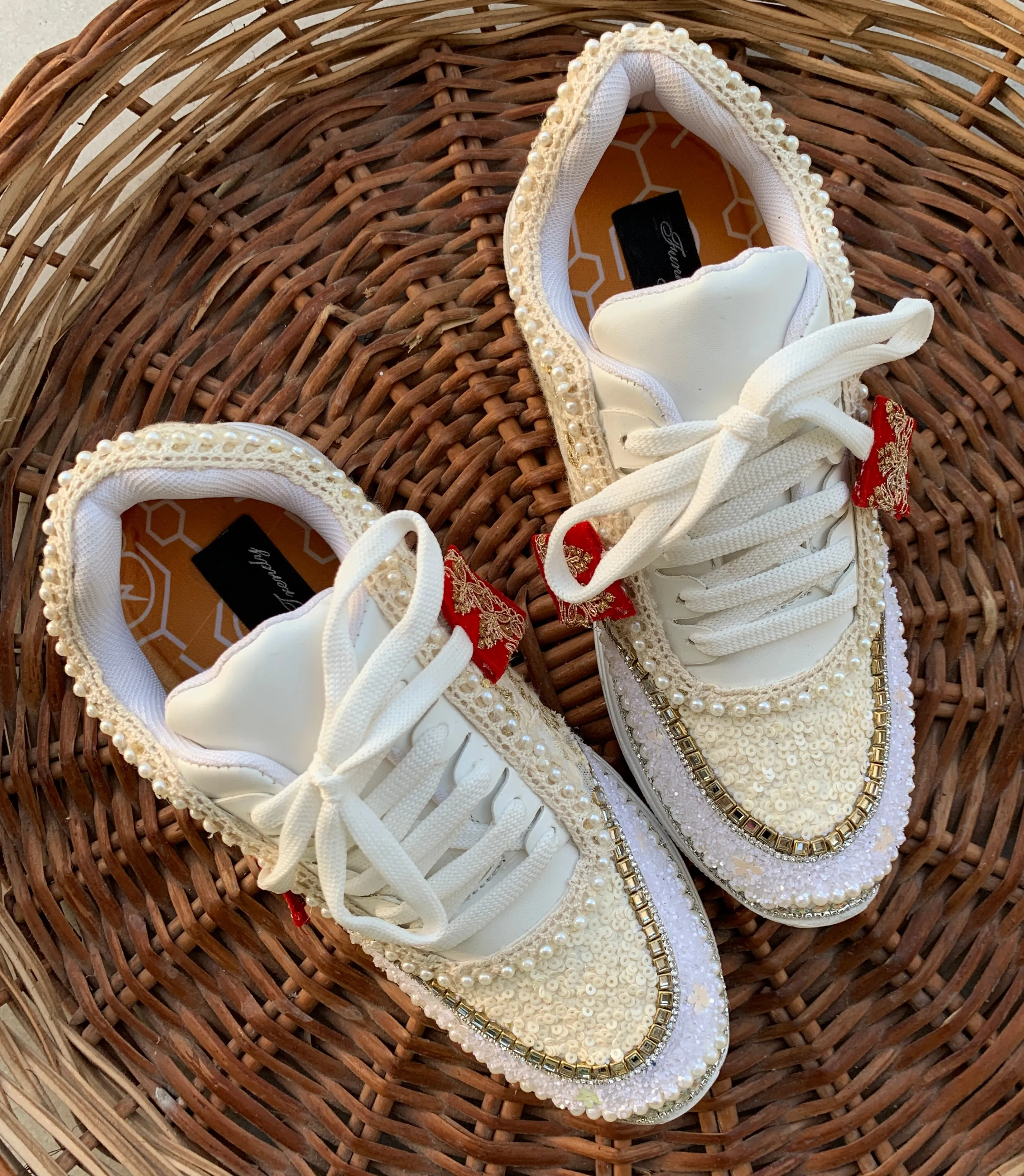 FUNKY N TRENDY ivory minimalistic sneakers with tint of red /pearl detailing for brides /bridesmaids / sneakers for bridesmaids/ handcrafted sneakers/ sequine sneakers / bridal sneakers / bridesmaid sneakers/ ivory sneakers / minimal shoes