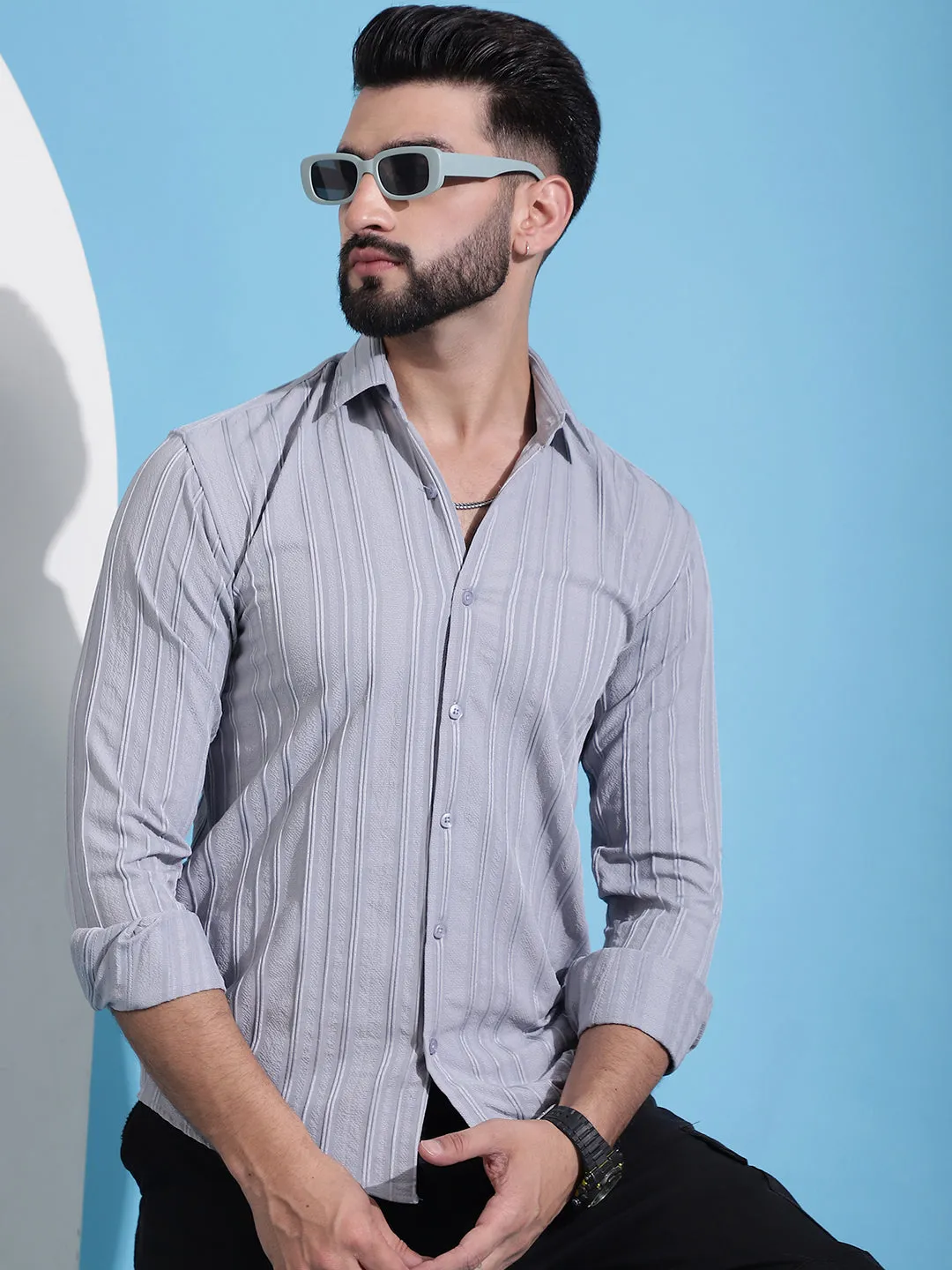 Grey Striped Casual Shirt For Mens.