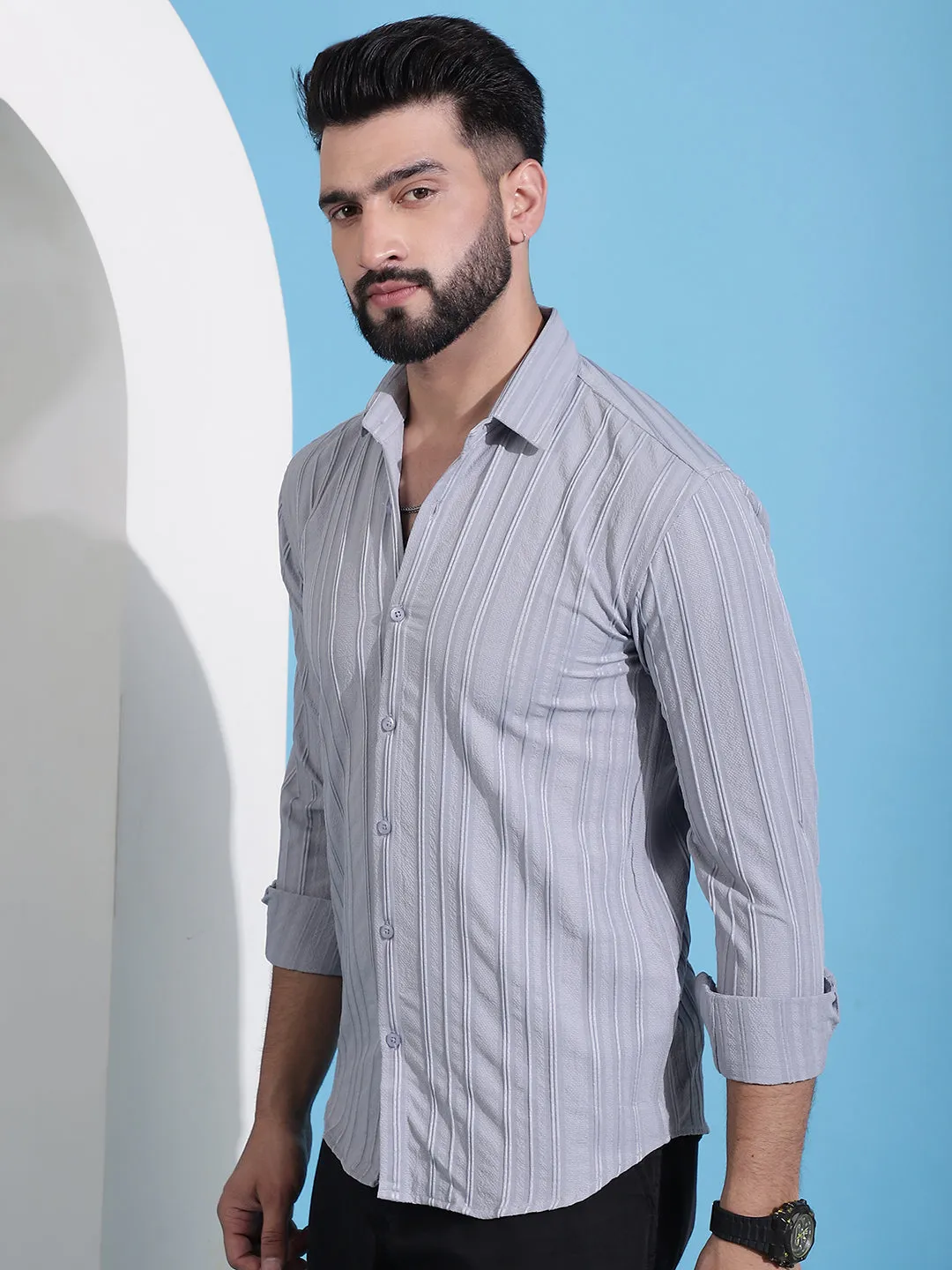 Grey Striped Casual Shirt For Mens.