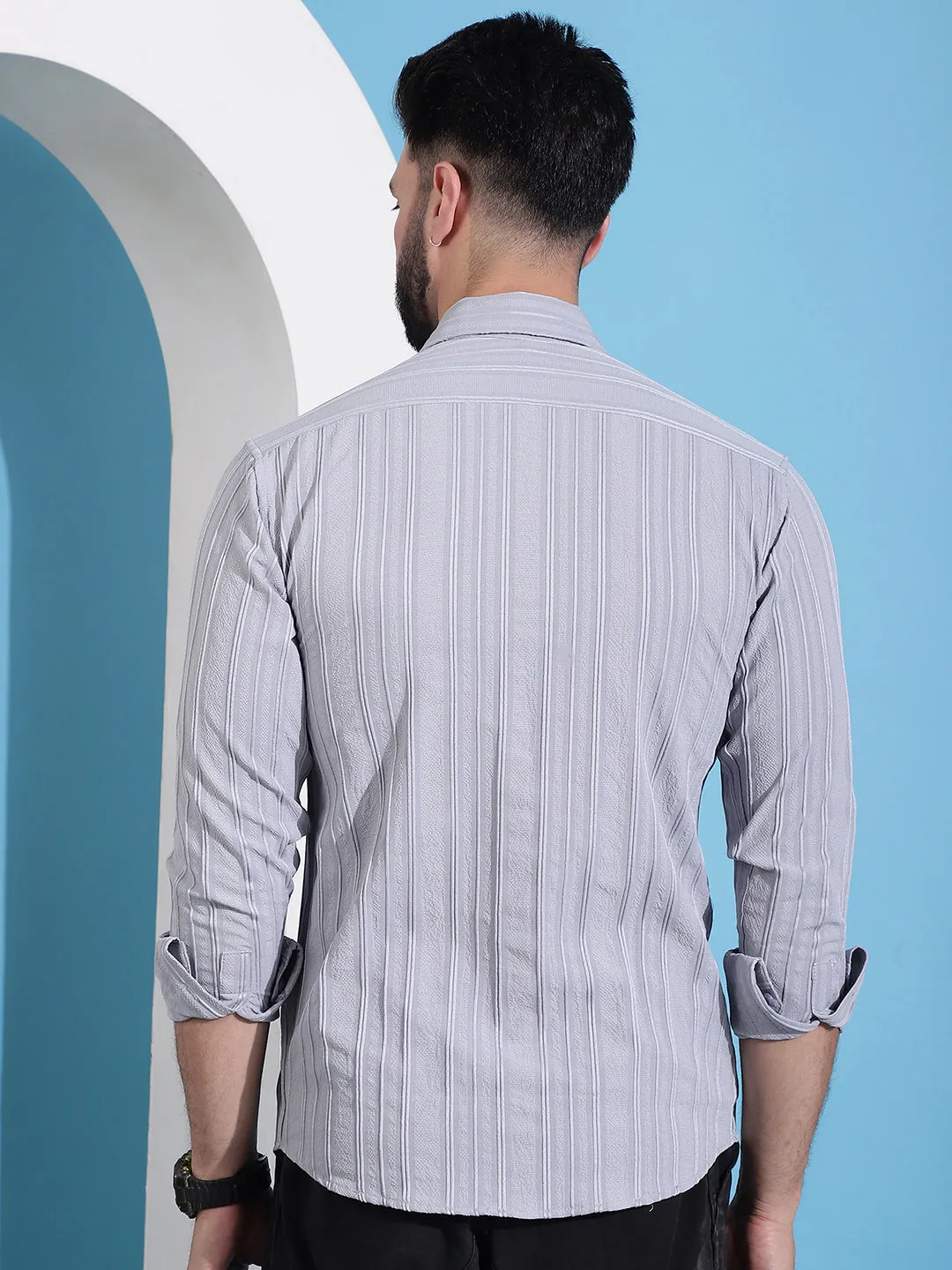 Grey Striped Casual Shirt For Mens.