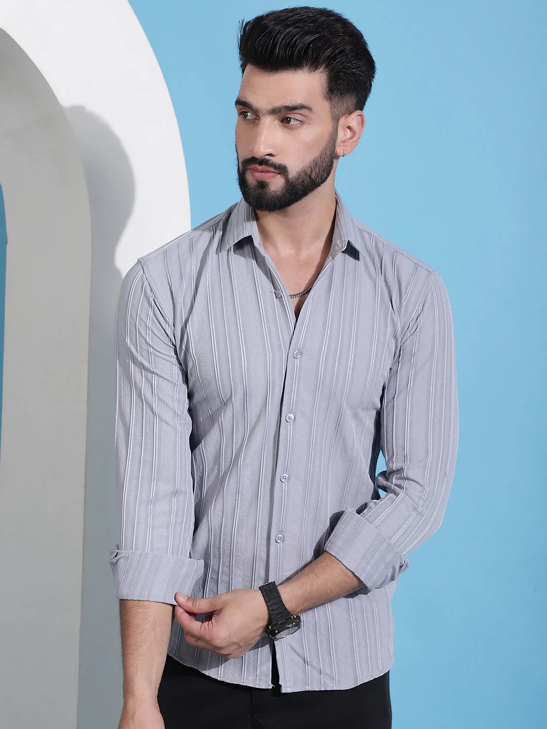 Grey Striped Casual Shirt For Mens.