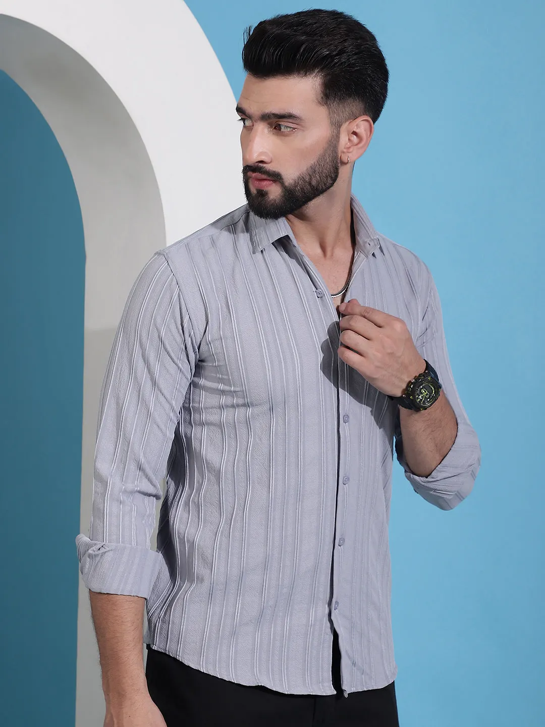 Grey Striped Casual Shirt For Mens.