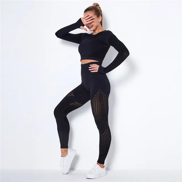 Hollow Out Seamless Yoga Set Sport Outfits Women Black Two 2 Piece Crop Top Bra Leggings Workout Gym suit Fitness Sport Sets