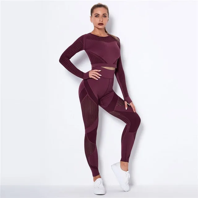 Hollow Out Seamless Yoga Set Sport Outfits Women Black Two 2 Piece Crop Top Bra Leggings Workout Gym suit Fitness Sport Sets