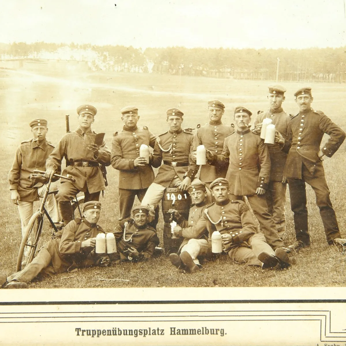 Original German Pre-WWI Wood Framed Photograph of Soldiers Drinking Beer at Hammelburg Training Area - Dated 1901