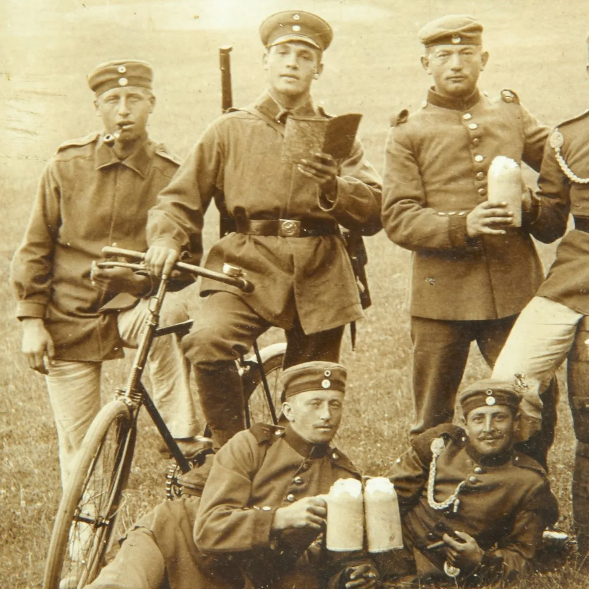 Original German Pre-WWI Wood Framed Photograph of Soldiers Drinking Beer at Hammelburg Training Area - Dated 1901