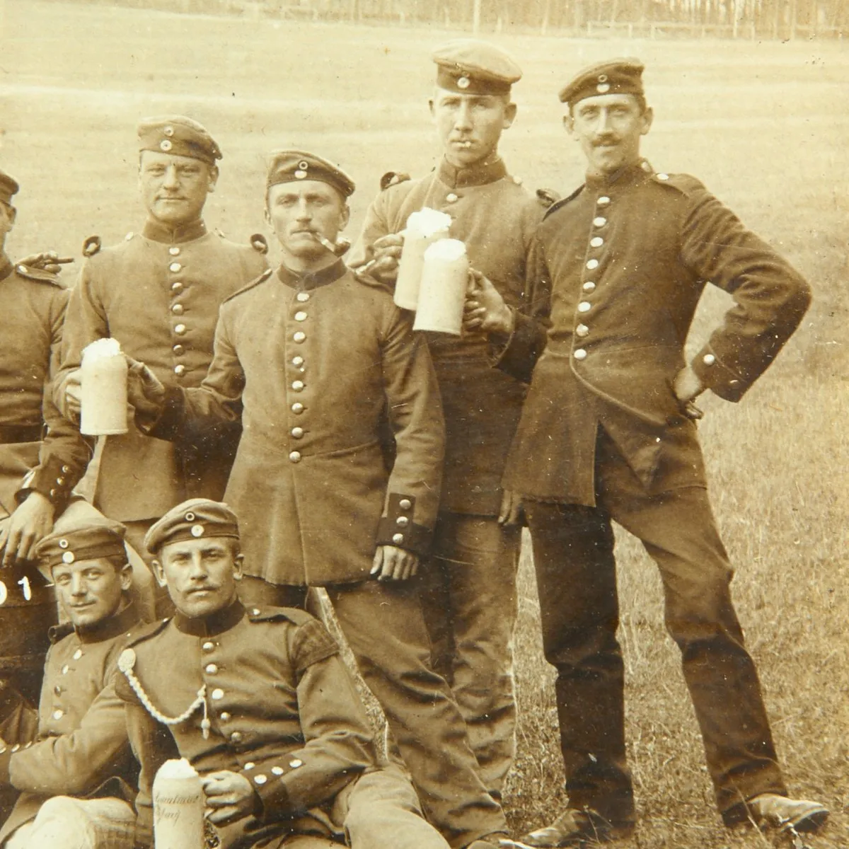 Original German Pre-WWI Wood Framed Photograph of Soldiers Drinking Beer at Hammelburg Training Area - Dated 1901