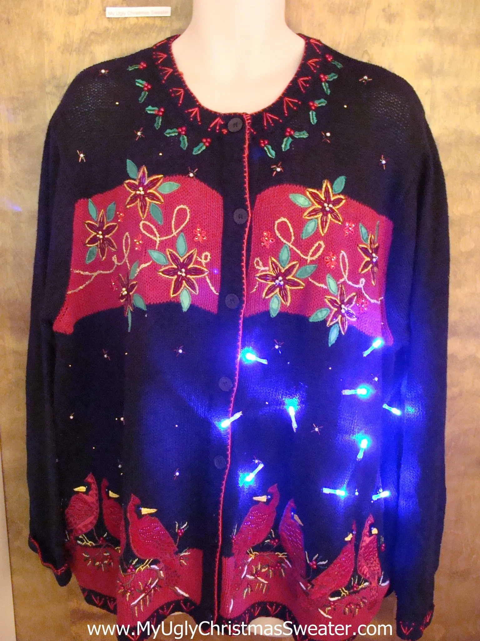 Poinsettias 80s Light Up Ugly Xmas Sweater Big 3XL XXL