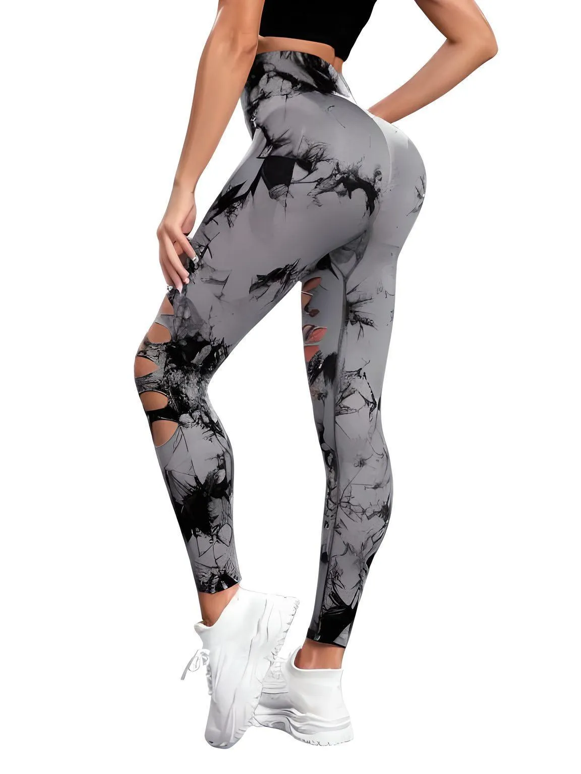 Sexy Ripped Tie Dye Leggings Women Seamless Leggings High Waist Hip Lifting Stretchy Sports Fitness Running Yoga Tights