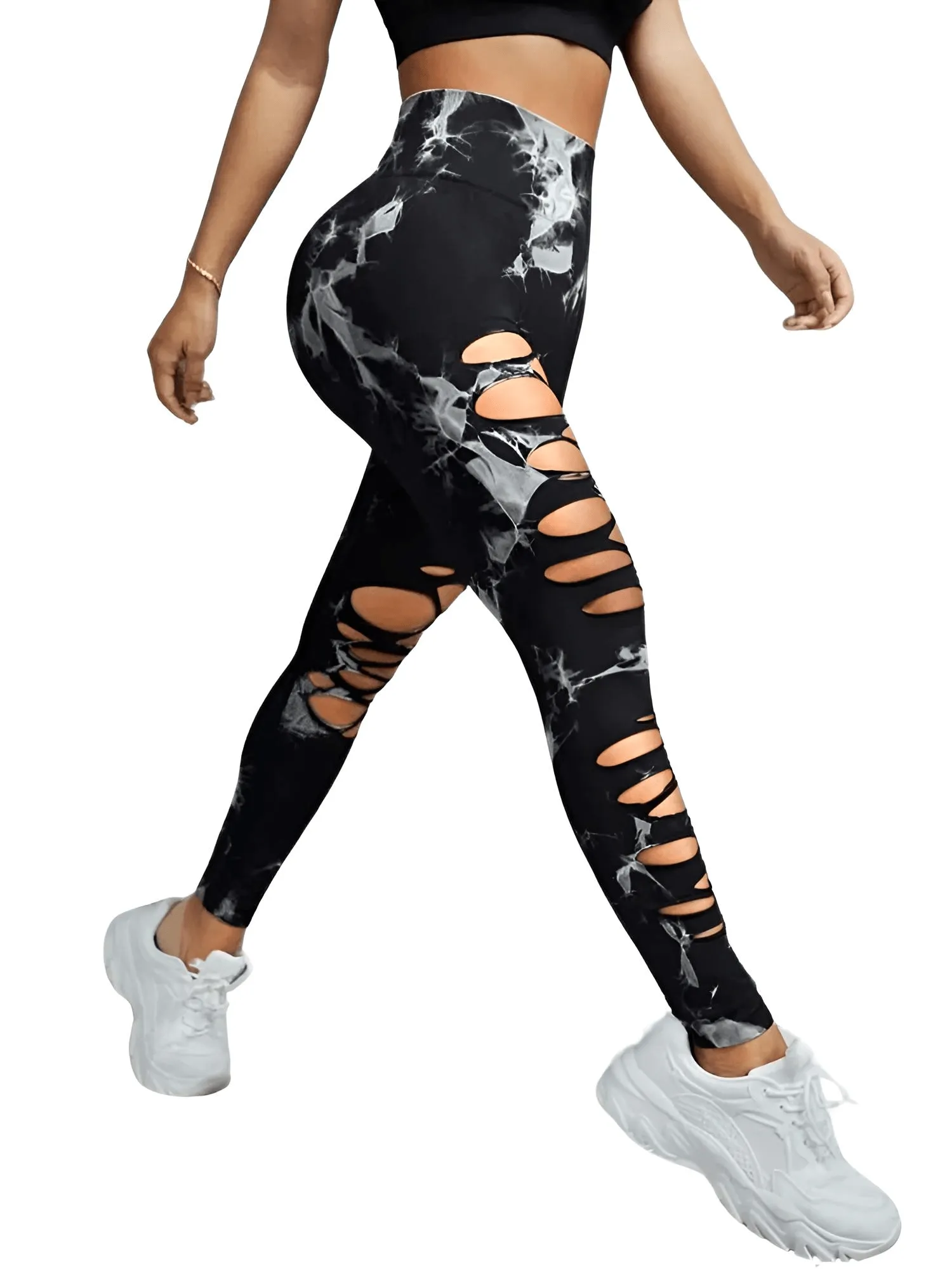 Sexy Ripped Tie Dye Leggings Women Seamless Leggings High Waist Hip Lifting Stretchy Sports Fitness Running Yoga Tights