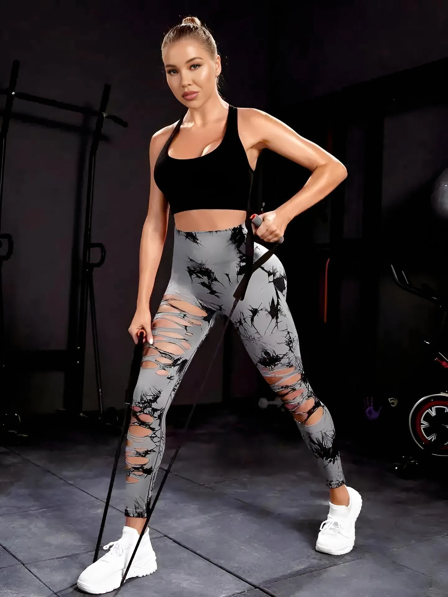 Sexy Ripped Tie Dye Leggings Women Seamless Leggings High Waist Hip Lifting Stretchy Sports Fitness Running Yoga Tights