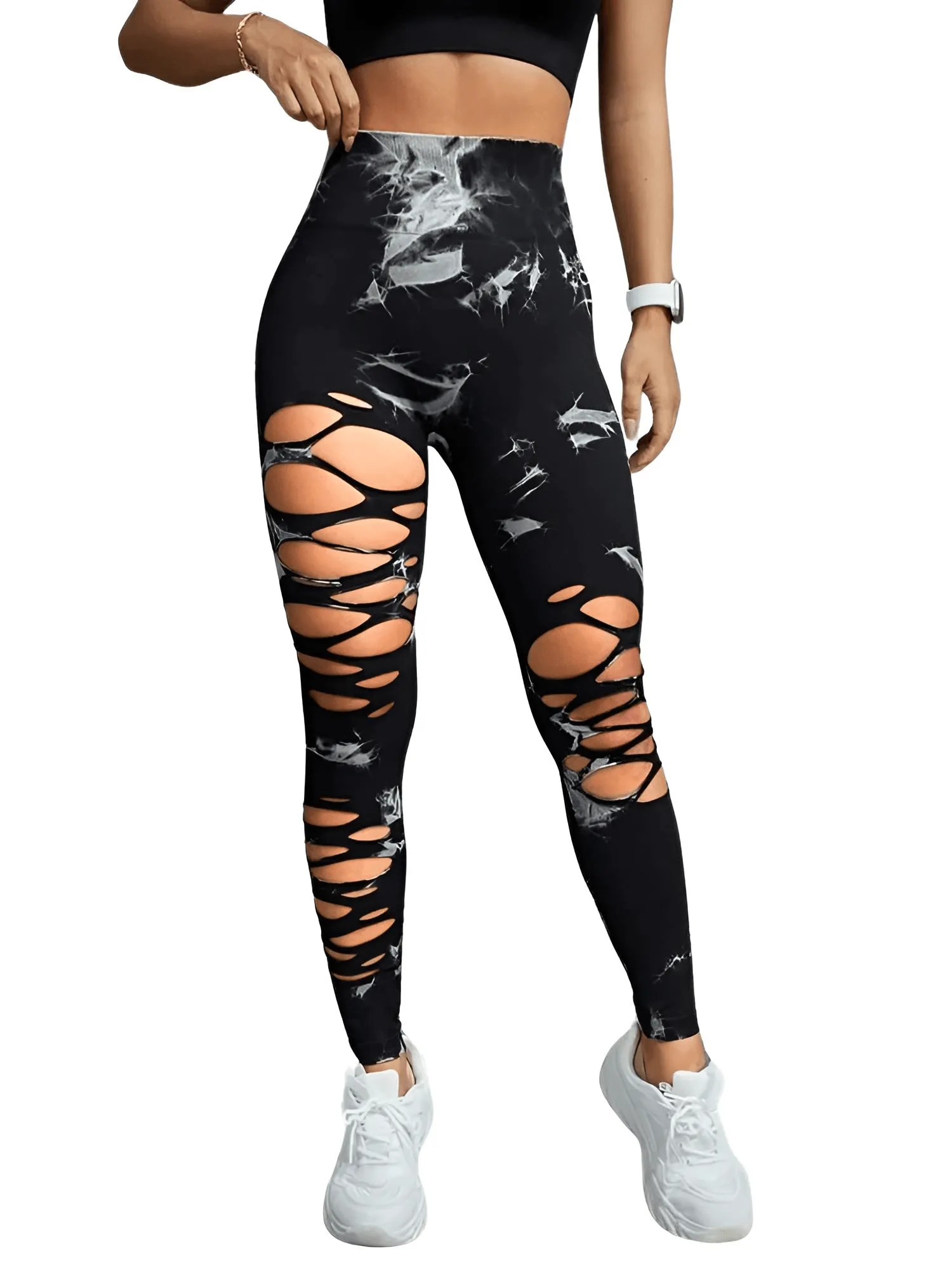 Sexy Ripped Tie Dye Leggings Women Seamless Leggings High Waist Hip Lifting Stretchy Sports Fitness Running Yoga Tights