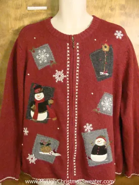 Ugliest Red Christmas Sweater with Snow and Snowman