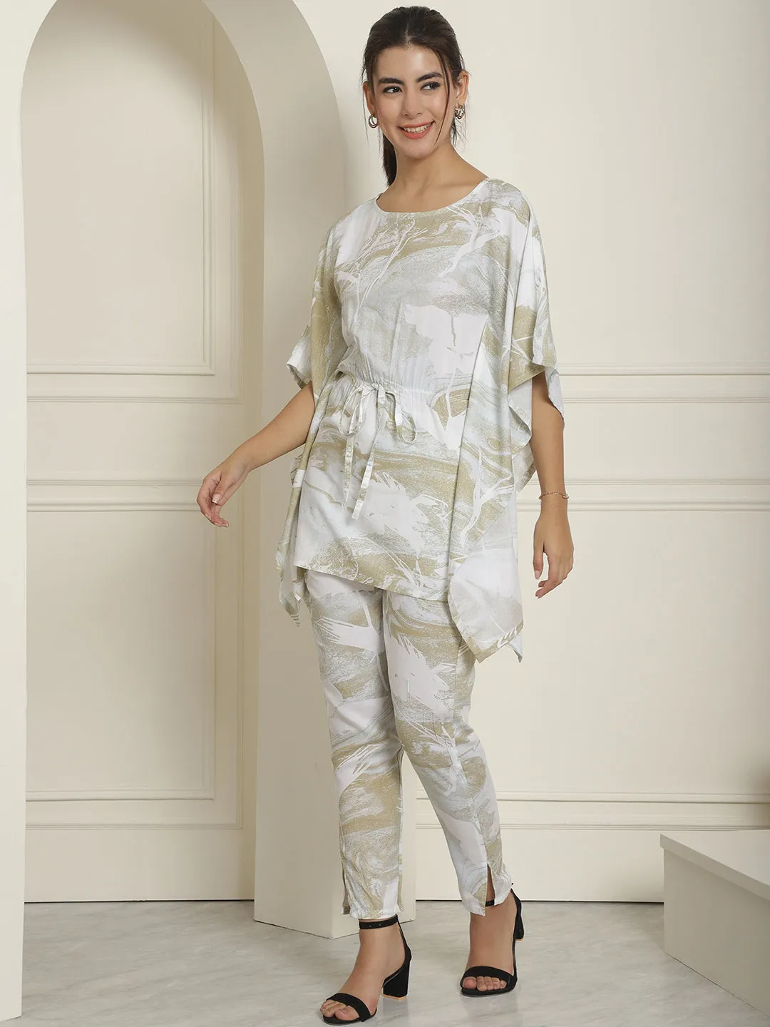 Women Beige Tie Dye Printed Rayon Kaftan Tunic With Trousers