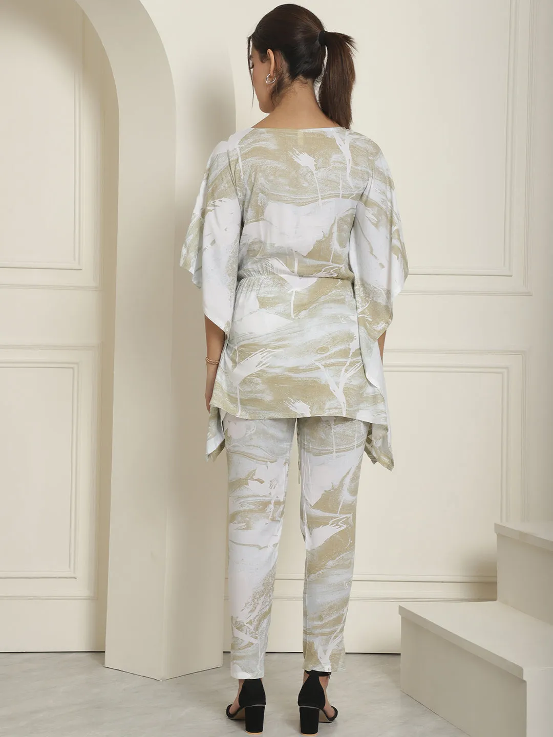 Women Beige Tie Dye Printed Rayon Kaftan Tunic With Trousers