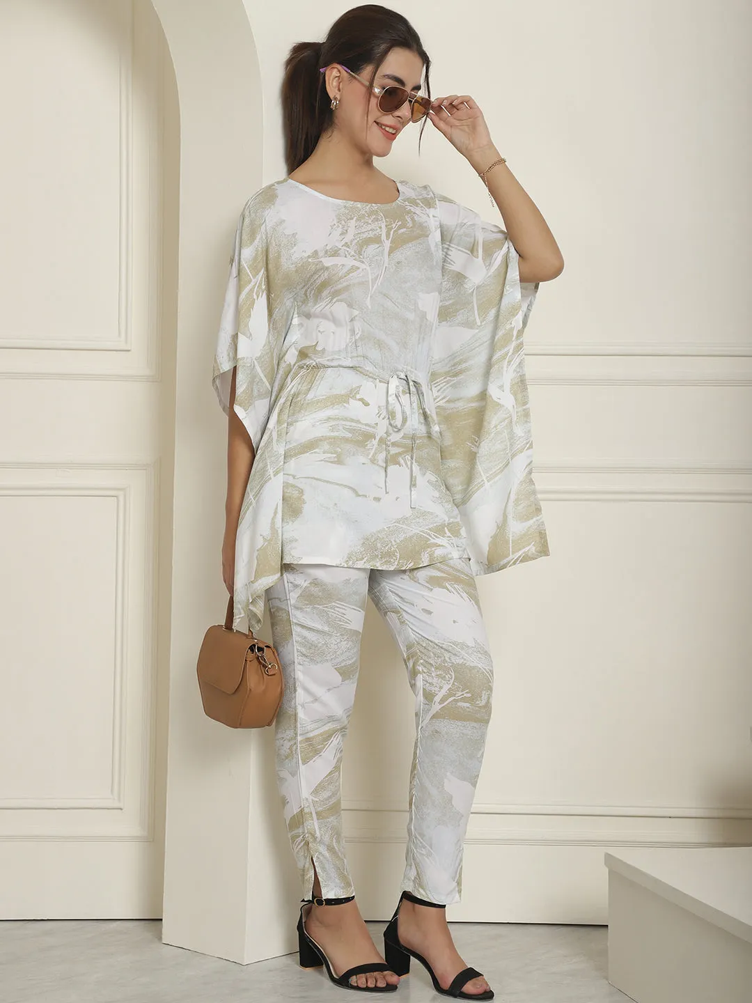 Women Beige Tie Dye Printed Rayon Kaftan Tunic With Trousers