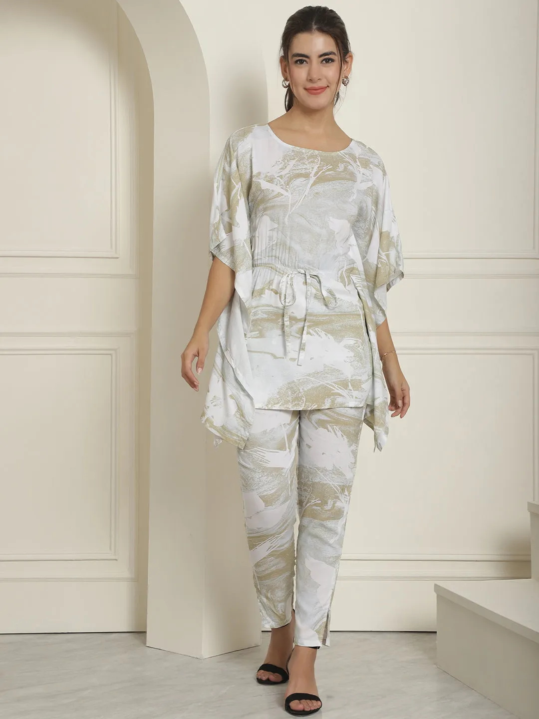 Women Beige Tie Dye Printed Rayon Kaftan Tunic With Trousers