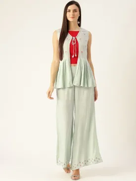 Women Grey Embroidered Top Pant With Shrug Set