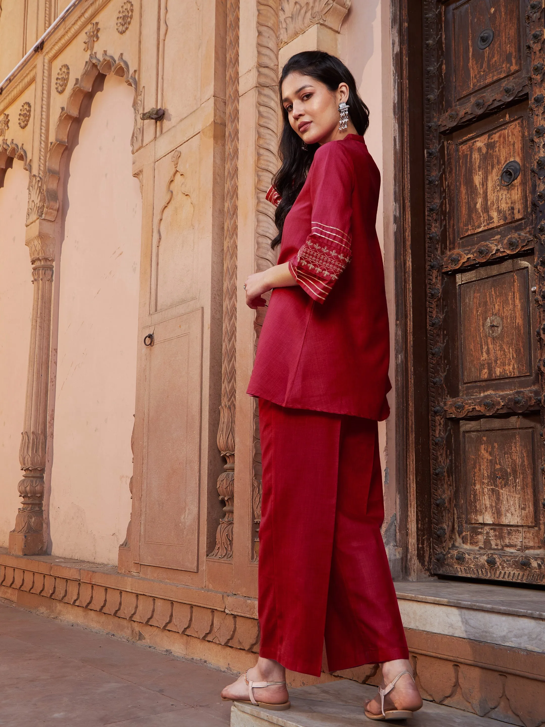 Women Maroon Zari Embroidered Sleeve Top With Palazzos