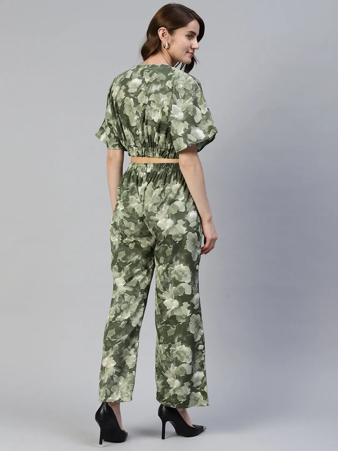 Women Olive Green Printed Crop Top With Palazzos