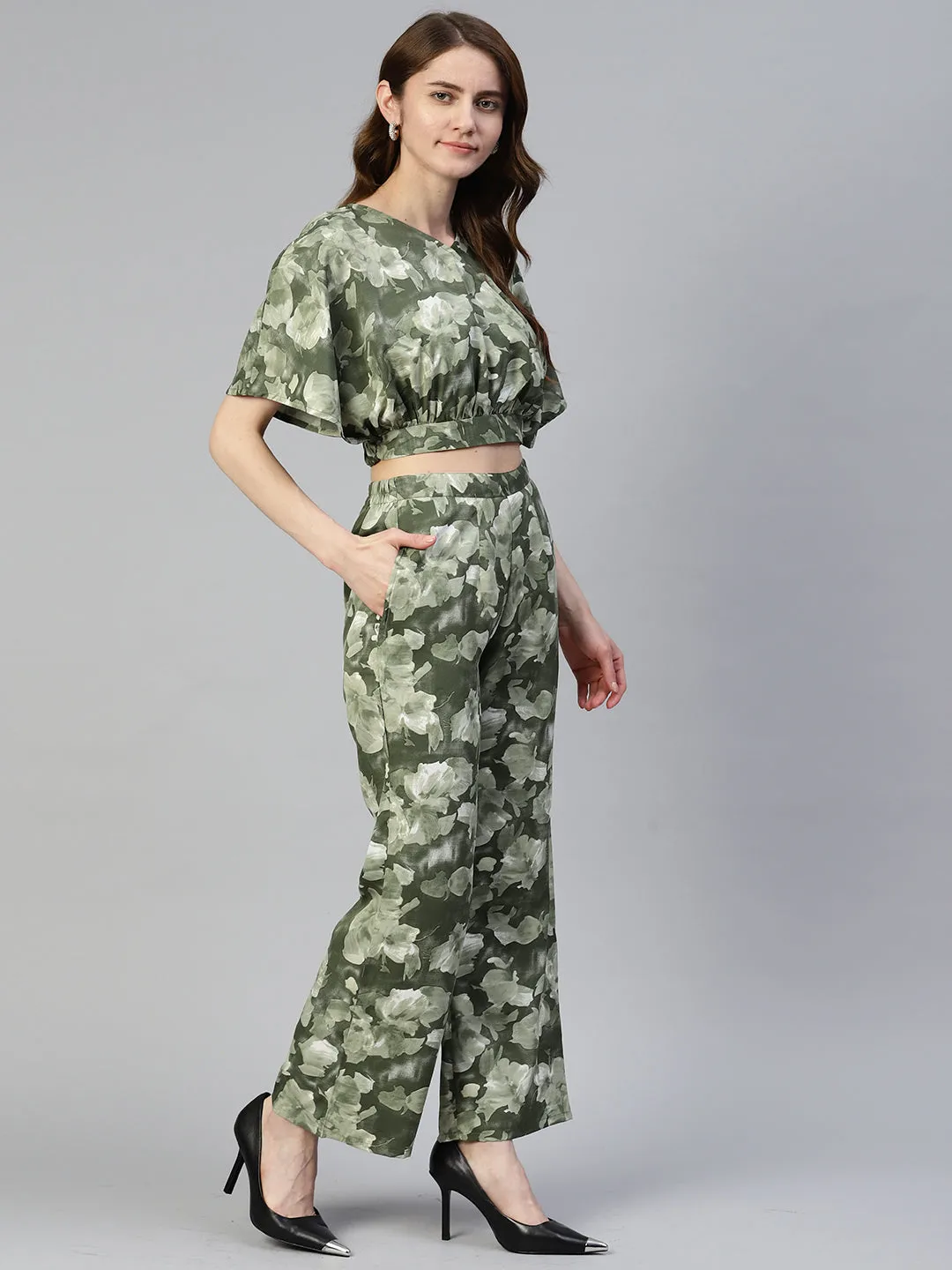 Women Olive Green Printed Crop Top With Palazzos