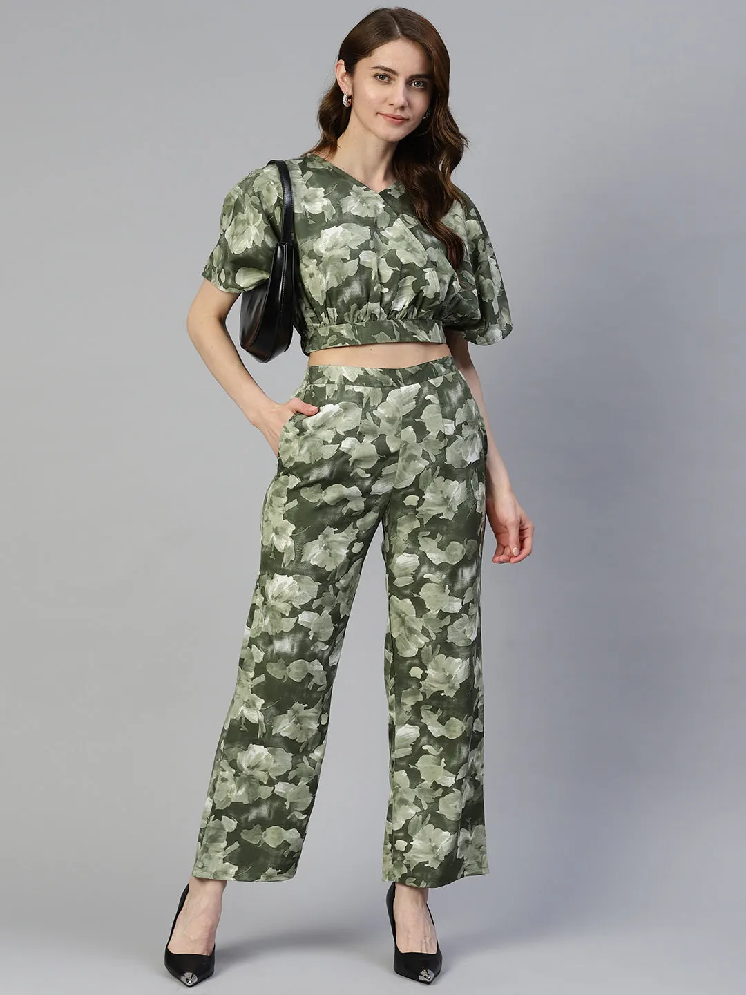 Women Olive Green Printed Crop Top With Palazzos