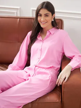 Women Pink Satin Shirt With Lounge Pants